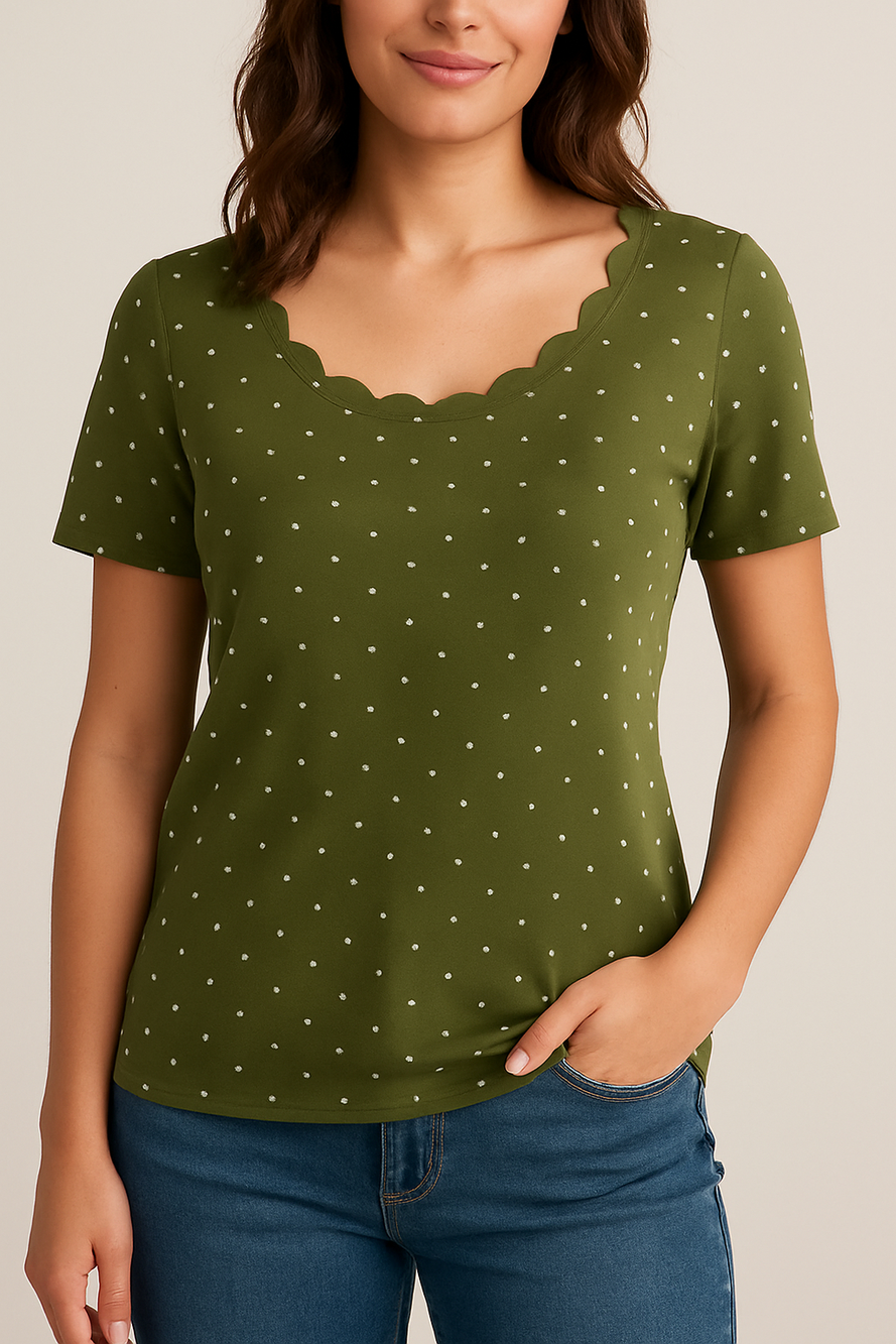 Kim Rogers Perfectly Soft Green Polka Dot Scalloped Neck Short Sleeve Top Sz XL